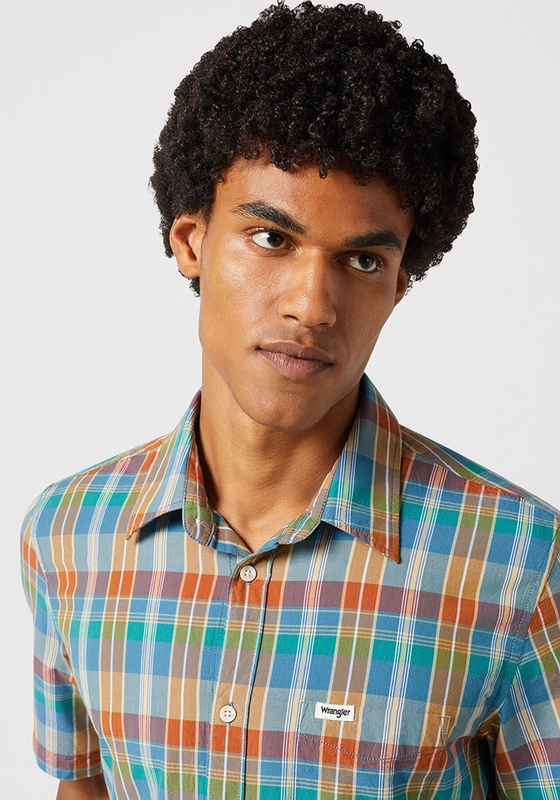 CAMISA REGULAR FIT 1 POCKET PLAID SS CELESTE - 4