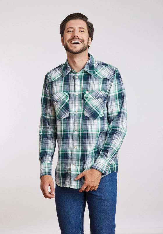 CAMISA HOMBRE WESTERN SHIRT GREEN BLUE PLAID - 1