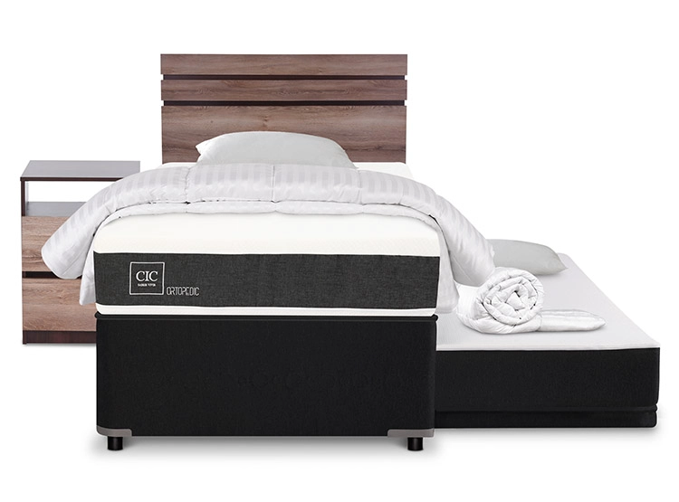 JUEGO DE DORMITORIO CIC CAMA DIVAN NEW ORTOPEDIC BLACK 1.5 PLAZAS GRIS + SET ARES + PLUMONES + ALMOHADAS - 1