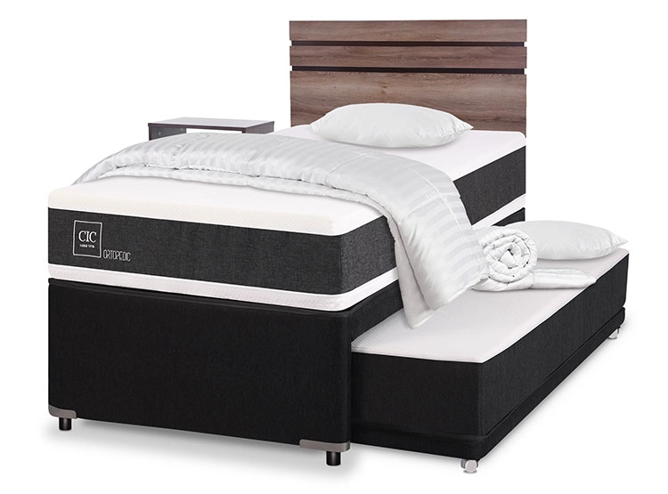JUEGO DE DORMITORIO CIC CAMA DIVAN NEW ORTOPEDIC BLACK 1.5 PLAZAS GRIS + SET ARES + PLUMONES + ALMOHADAS - 2