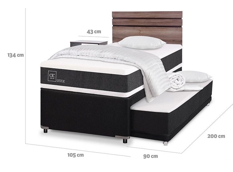 JUEGO DE DORMITORIO CIC CAMA DIVAN NEW ORTOPEDIC BLACK 1.5 PLAZAS GRIS + SET ARES + PLUMONES + ALMOHADAS - 3