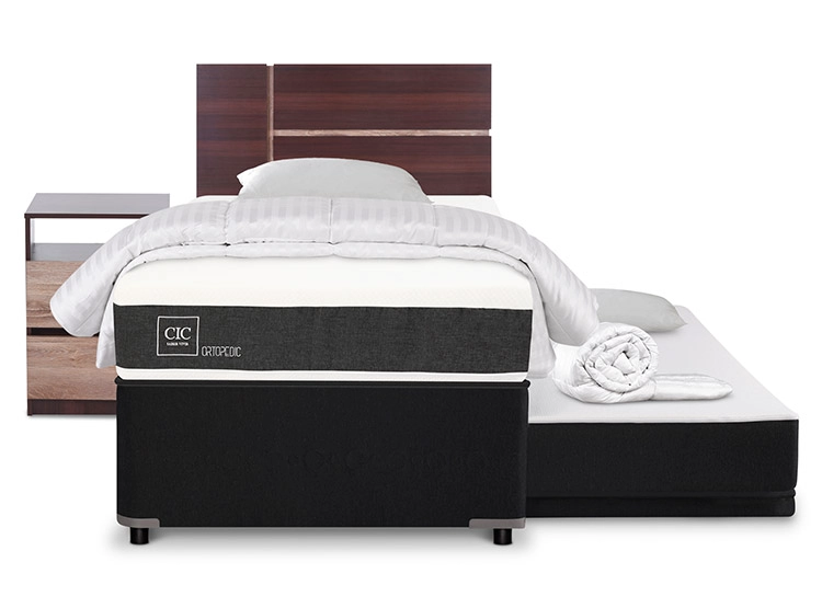 JUEGO DE DORMITORIO CIC CAMA DIVAN NEW ORTOPEDIC BLACK 1.5 PLAZAS GRIS + SET ENIO + PLUMONES + ALMOHADAS - 1