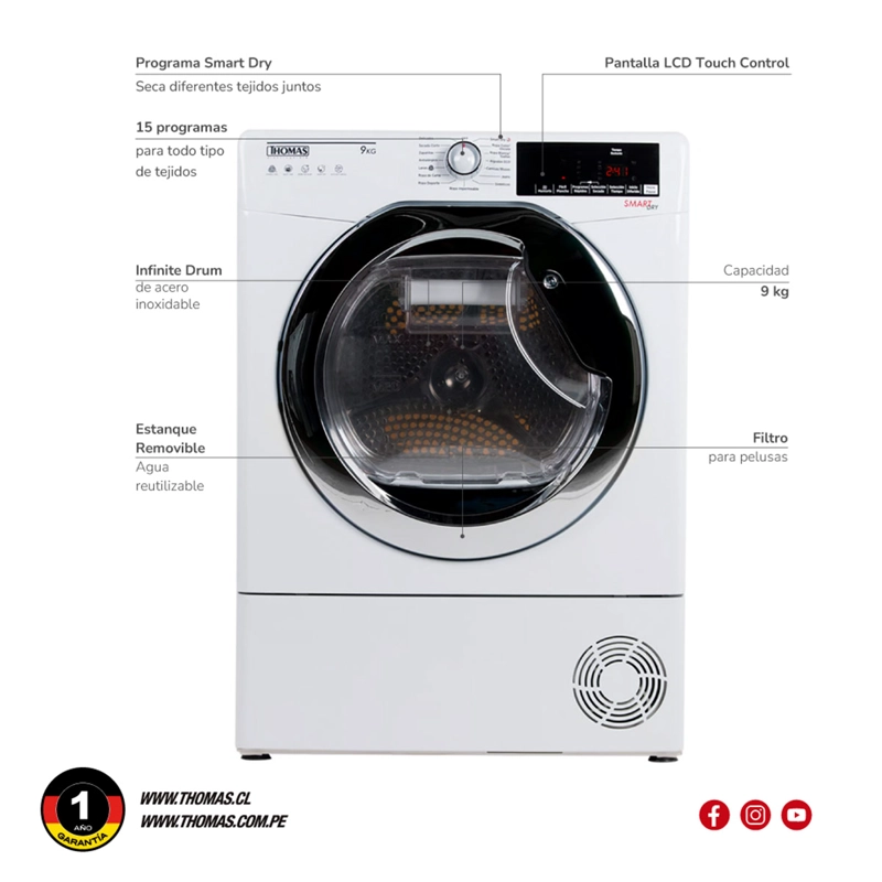 SECADORA DE ROPA BOMBA DE CALOR THOMAS TH-D9KCBC 9KG BLANCO - 7