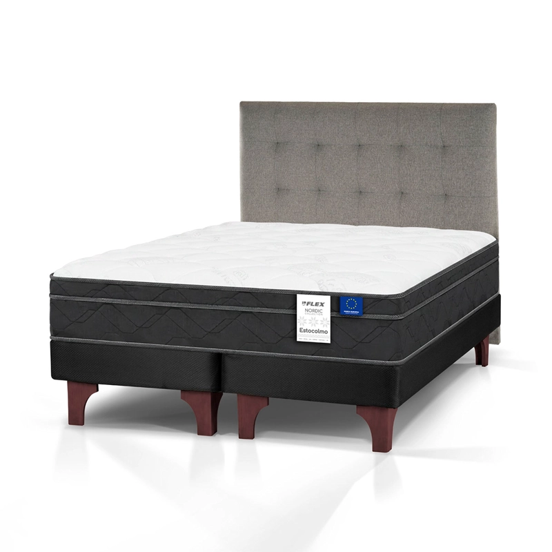 JUEGO DE DORMITORIO FLEX CAMA EUROPEA ESTOCOLMO BOX BD 2 PLAZAS GRIS + RESPALDO DESIGN - 1
