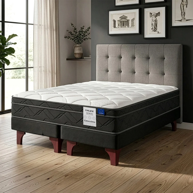 JUEGO DE DORMITORIO FLEX CAMA EUROPEA ESTOCOLMO BOX BD 2 PLAZAS GRIS + RESPALDO DESIGN - 5