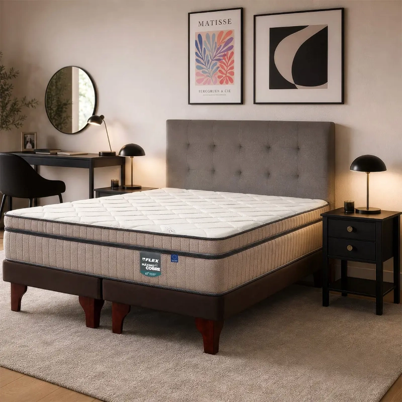 JUEGO DE DORMITORIO FLEX CAMA EUROPEA MÁXIMO COBRE BD 2 PLAZAS + RESPALDO DESIGN GRIS + VELADORES ROVER - 1