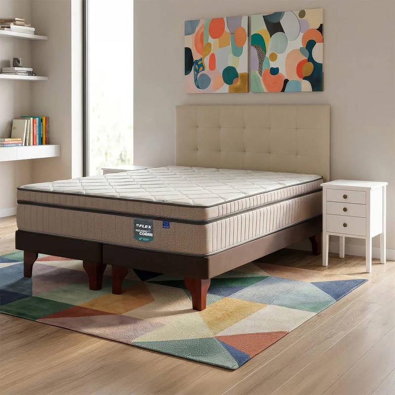 JUEGO DE DORMITORIO FLEX CAMA EUROPEA MÁXIMO COBRE KING + RESPALDO DESIGN CRUDO + VELADORES ROMA - 1
