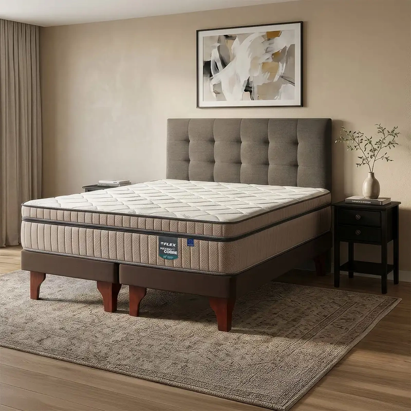JUEGO DE DORMITORIO FLEX CAMA EUROPEA MÁXIMO COBRE SÚPER KING + RESPALDO DESIGN GRAFITO + VELADORES ROVER - 1