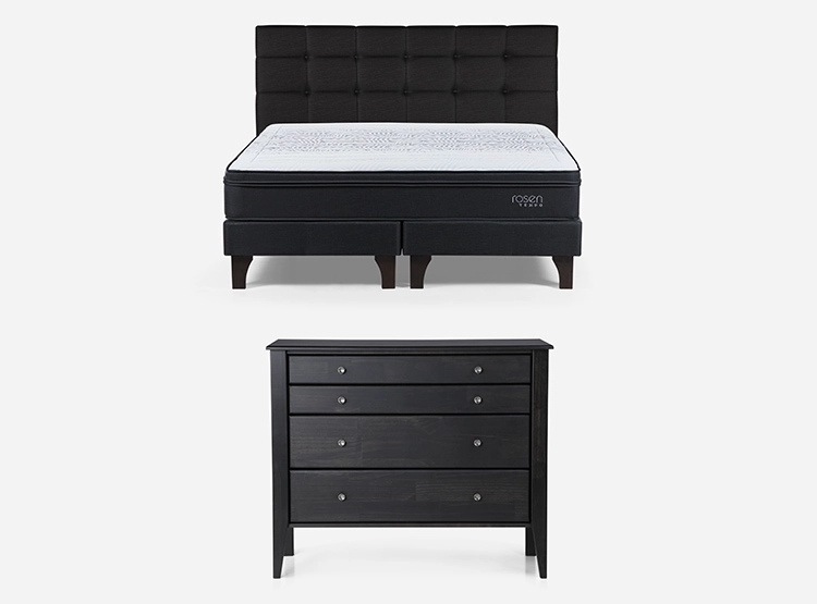 JUEGO DE DORMITORIO ROSEN CAMA EUROPEA TEMPO 2 PLAZAS GRAFITO + RESPALDO ISSEY GRIS + COMODODA BAKER GRIS - 1