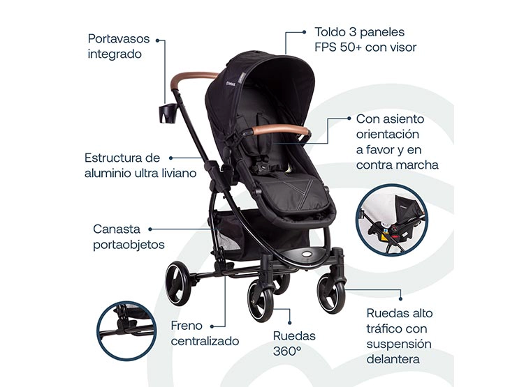 COCHE CUNA TRAVEL SYSTEM BEBE ALFA CON ACCESORIOS NEGRO - 6