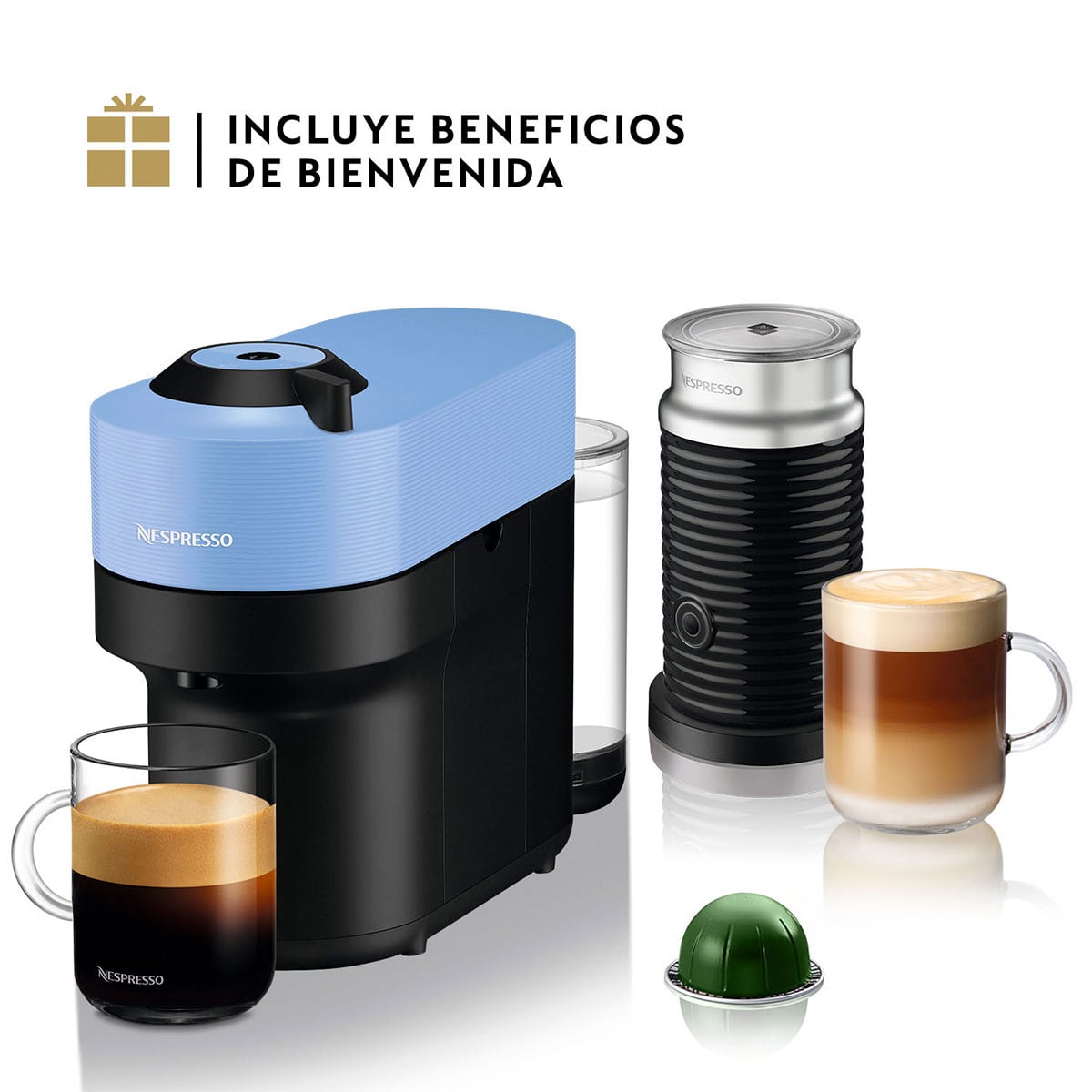 CAFETERA NESPRESSO CÁPSULA VERTUO POP AZUL + ESPUMADOR DE LECHE AEROCCINO 3
