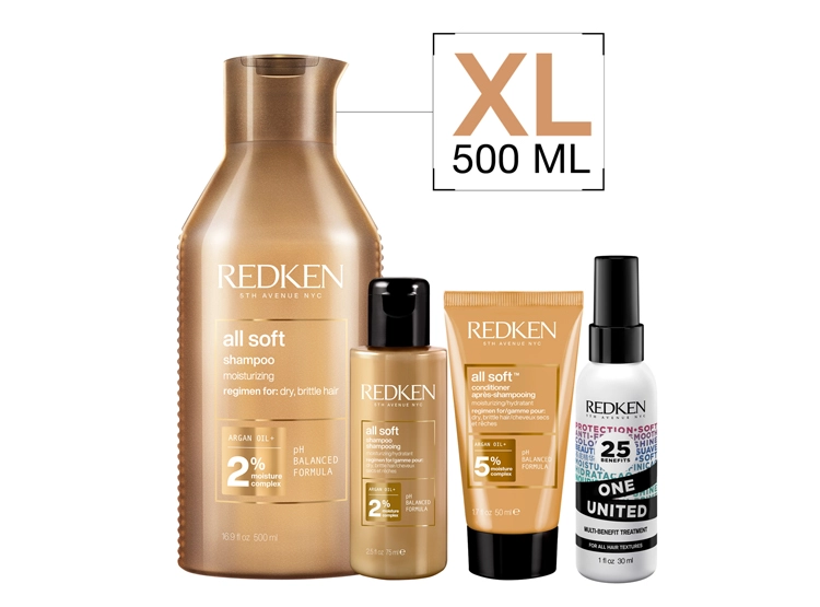 SET HIDRATANTE REDKEN CABELLO SECO ALL SOFT SHAMPOO 500 ML + 75 ML + ACONDICIONADOR 50 ML + SPRAY ONE UNITED 30 ML - 1