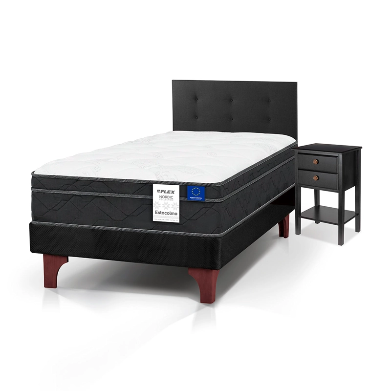 JUEGO DE DORMITORIO FLEX CAMA EUROPEA ESTOCOLMO 1.5 PLAZAS + RESPALDO ROYAL NEGRO + VELADOR ROVER - 1