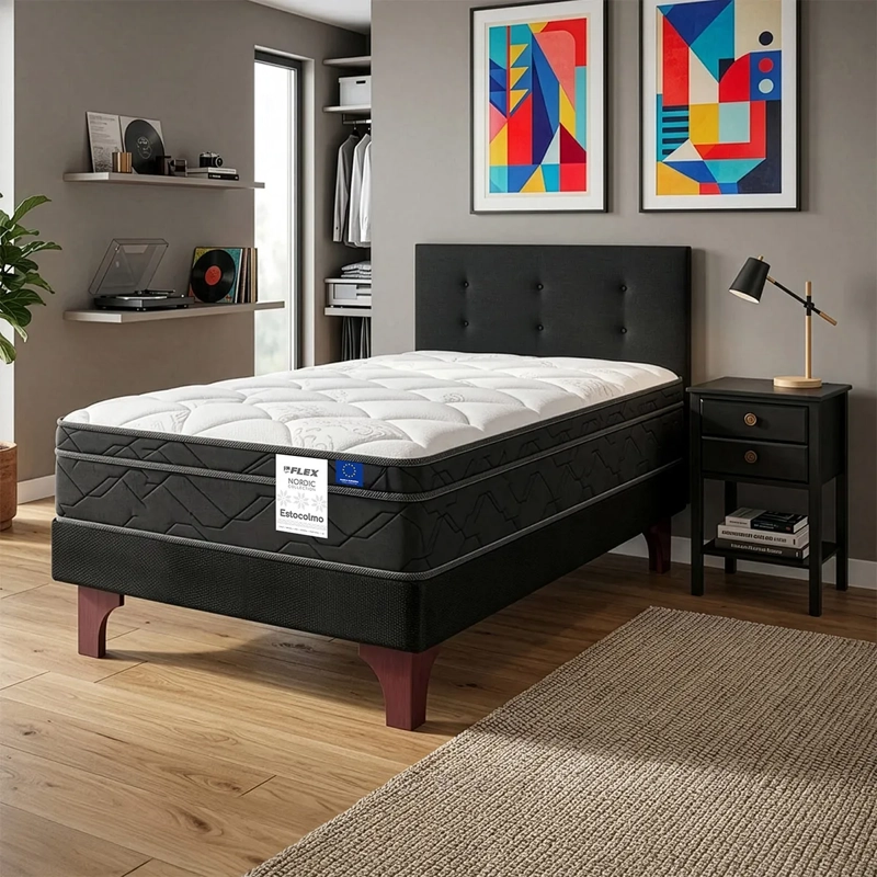 JUEGO DE DORMITORIO FLEX CAMA EUROPEA ESTOCOLMO 1.5 PLAZAS + RESPALDO ROYAL NEGRO + VELADOR ROVER - 5