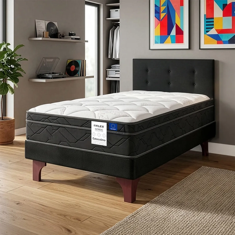 JUEGO DE DORMITORIO FLEX CAMA EUROPEA ESTOCOLMO 1.5 PLAZAS + RESPALDO ROYAL NEGRO - 5
