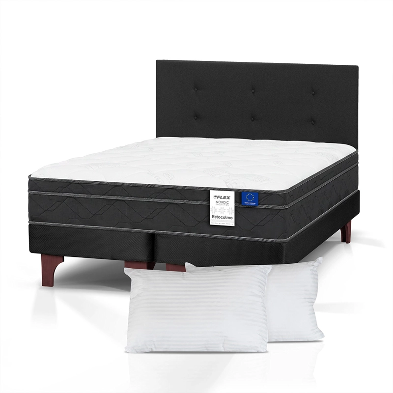 JUEGO DE DORMITORIO FLEX CAMA EUROPEA ESTOCOLMO BD 2 PLAZAS + RESPALDO ROYAL NEGRO + ALMOHADAS - 1