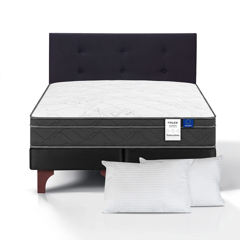JUEGO DE DORMITORIO FLEX CAMA EUROPEA ESTOCOLMO BD 2 PLAZAS + RESPALDO ROYAL NEGRO + ALMOHADAS - 2