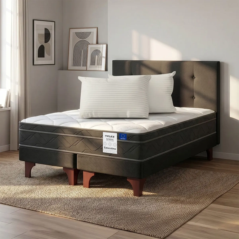 JUEGO DE DORMITORIO FLEX CAMA EUROPEA ESTOCOLMO BD 2 PLAZAS + RESPALDO ROYAL NEGRO + ALMOHADAS - 5