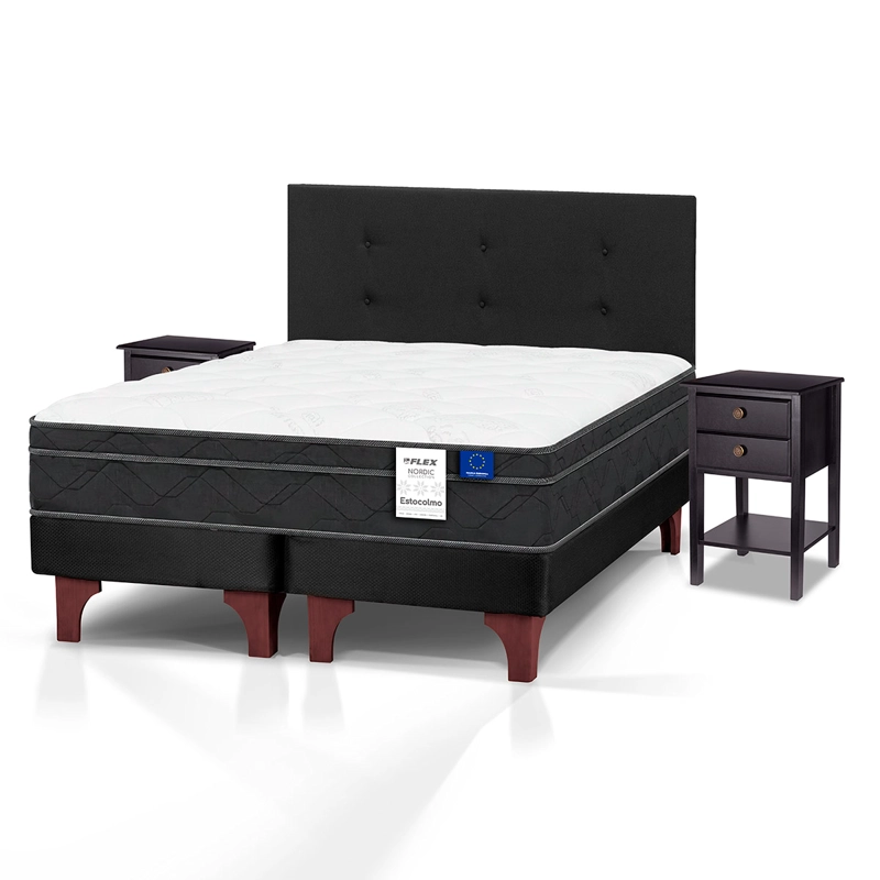 JUEGO DE DORMITORIO FLEX CAMA EUROPEA ESTOCOLMO BD 2 PLAZAS + RESPALDO ROYAL NEGRO + VELADORES ROVER - 1