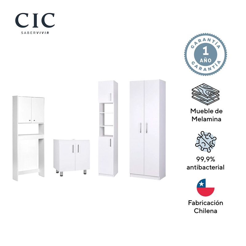 SET MUEBLES BAÑO CIC ESTANTE 4 REPISAS BLANCO + VANITORIO + ORGANIZADOR + DESPENSA - 1