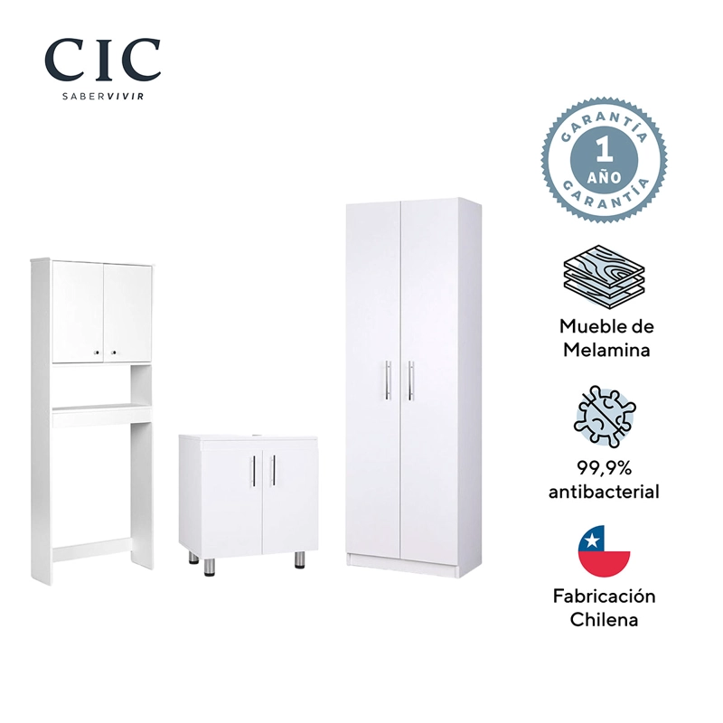 SET MUEBLES BAÑO CIC ESTANTE 4 REPISAS BLANCO + DESPENSA + VANITORIO - 5