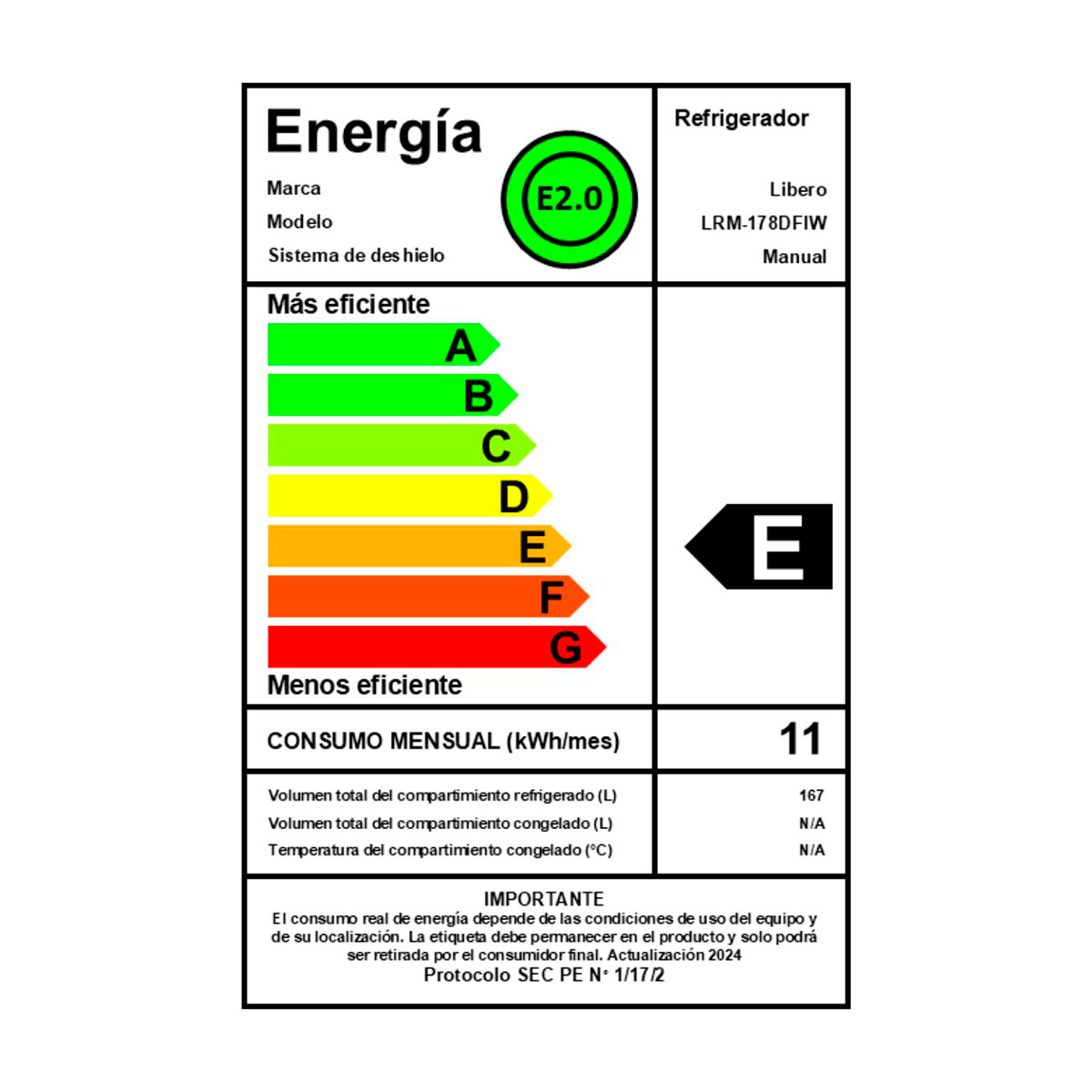 REFRIGERADOR LIBERO MONOPUERTA FROST FRÍO DIRECTO 167 L LRM-178DFIW - 14