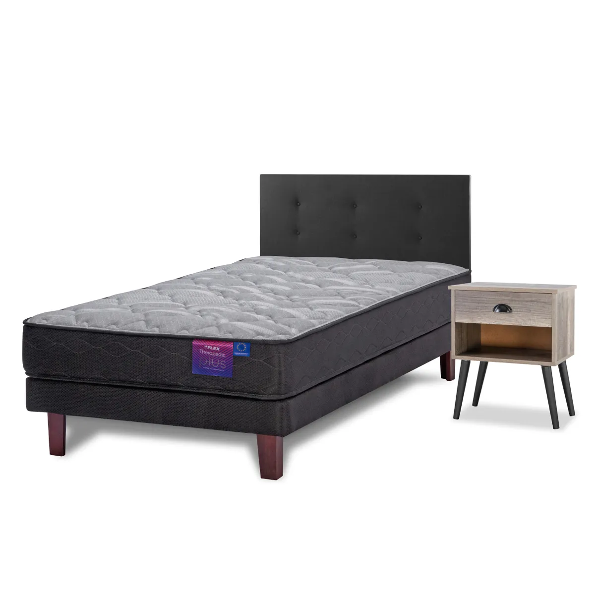 JUEGO DE DORMITORIO FLEX CAMA EUROPEA THERADIC PLUS THERAPEDIC 1.5 PLAZAS + RESPALDO ROYAL NEGRO + VELADOR ROCK - 1