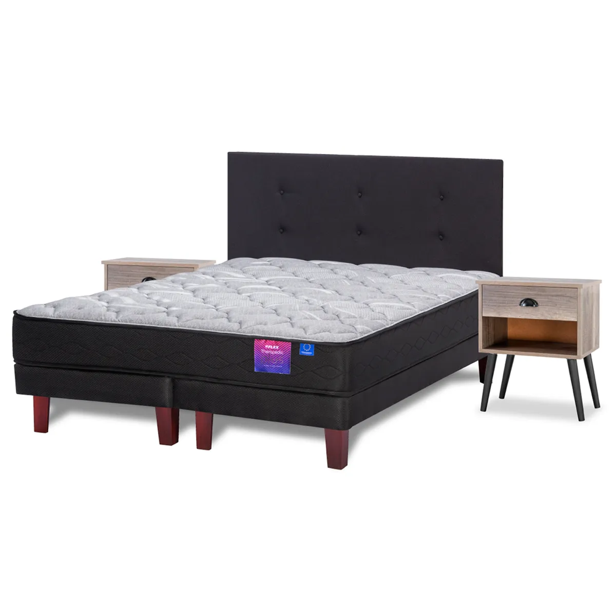 JUEGO DE DORMITORIO FLEX CAMA EUROPEA THERADIC PLUS THERAPEDIC 2 PLAZAS + RESPALDO ROYAL NEGRO + VELADOR ROCK - 1