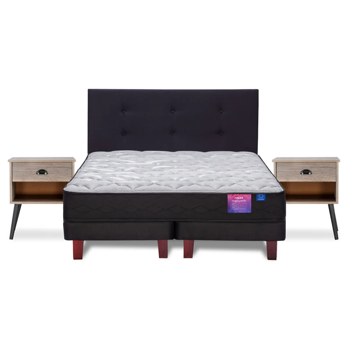 JUEGO DE DORMITORIO FLEX CAMA EUROPEA THERADIC PLUS THERAPEDIC 2 PLAZAS + RESPALDO ROYAL NEGRO + VELADOR ROCK - 2