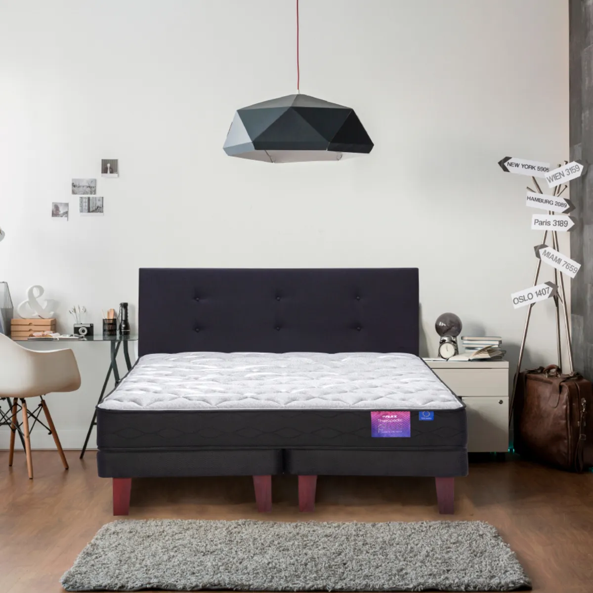 JUEGO DE DORMITORIO FLEX CAMA EUROPEA THERADIC PLUS THERAPEDIC 2 PLAZAS + RESPALDO ROYAL NEGRO + VELADOR ROCK - 4