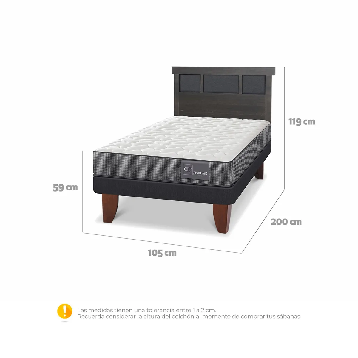 JUEGO DE DORMITORIO CIC CAMA EUROPEA DUBLIN ANATOMIC 1.5 PLAZAS + RESPALDO GRIS - 3