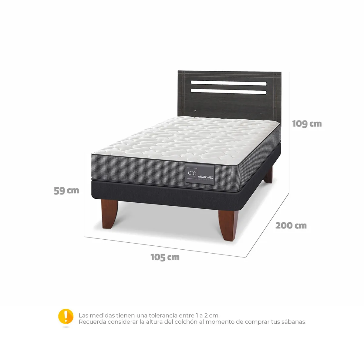 JUEGO DE DORMITORIO CIC CAMA EUROPEA MUNICH ANATOMIC 1.5 PLAZAS + RESPALDO GRIS - 3