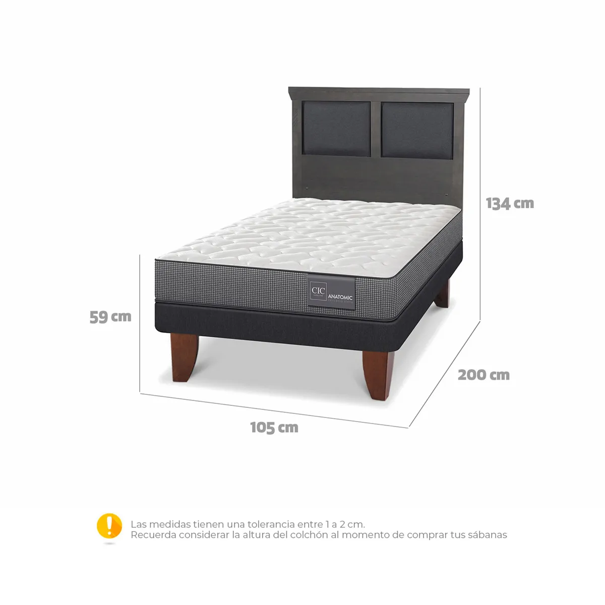 JUEGO DE DORMITORIO CIC CAMA EUROPEA TORINO ANATOMIC 1.5 PLAZAS + RESPALDO GRIS - 3
