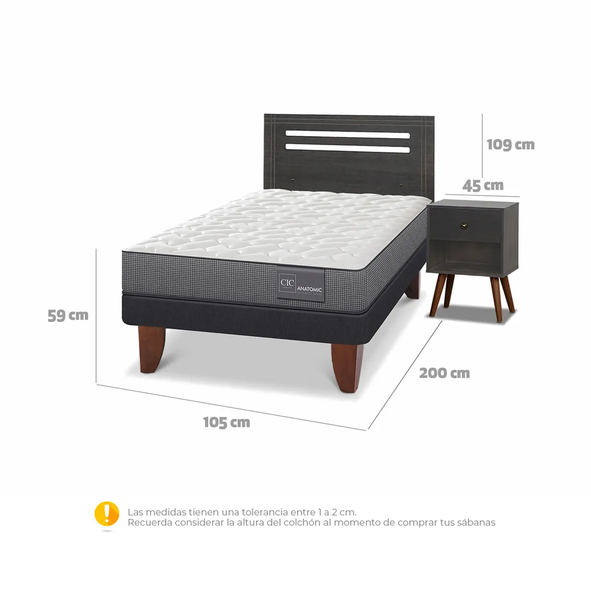 JUEGO DE DORMITORIO CIC CAMA EUROPEA MUNICH ANATOMIC 1.5 PLAZAS + SET GRIS - 3