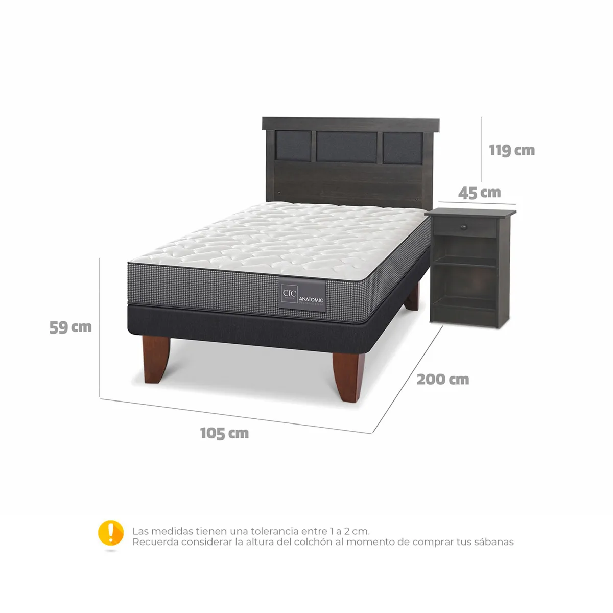 JUEGO DE DORMITORIO CIC CAMA EUROPEA DUBLIN ANATOMIC 1.5 PLAZAS + SET GRIS - 3