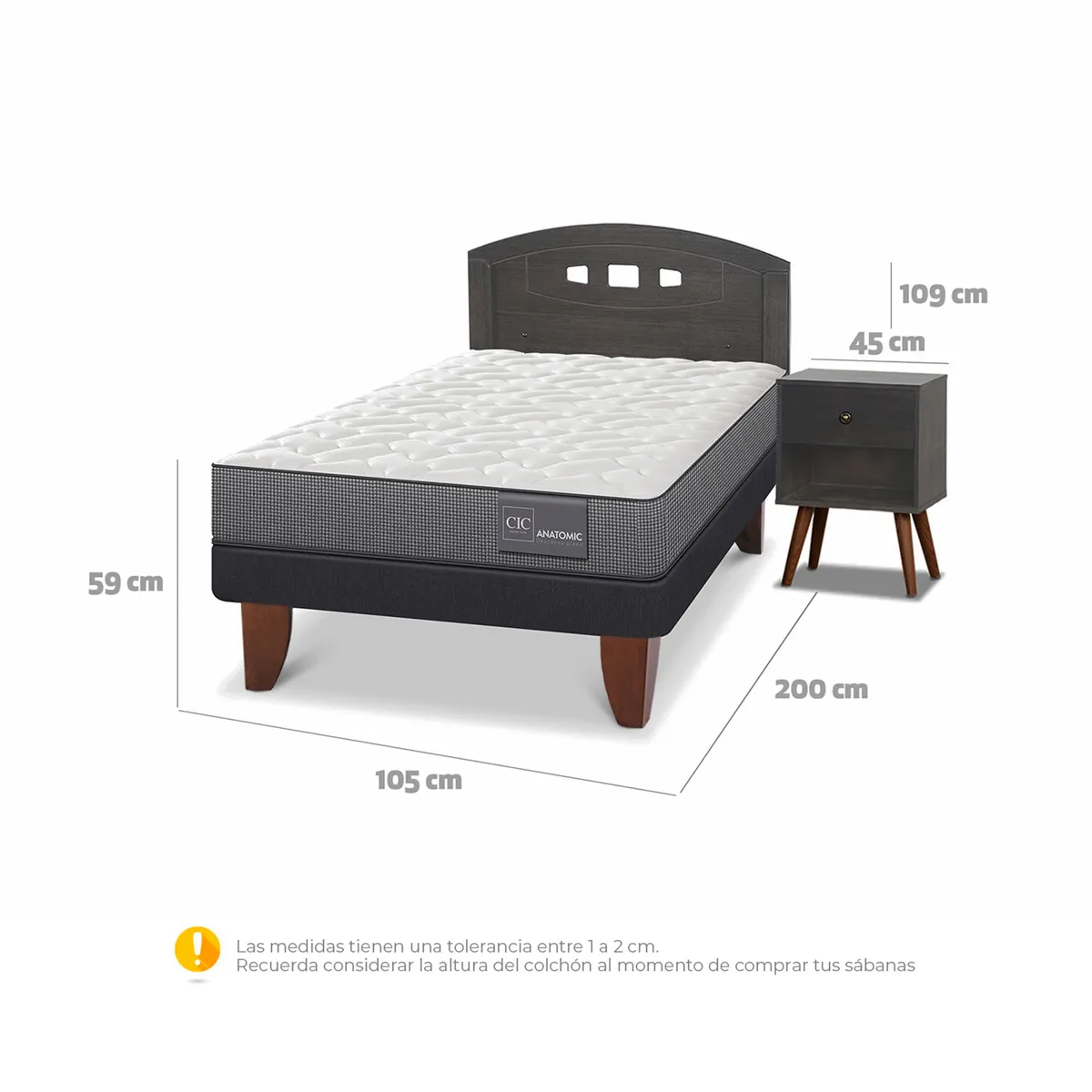 JUEGO DE DORMITORIO CIC CAMA EUROPEA GALES ANATOMIC 1.5 PLAZAS + SET GRIS - 3