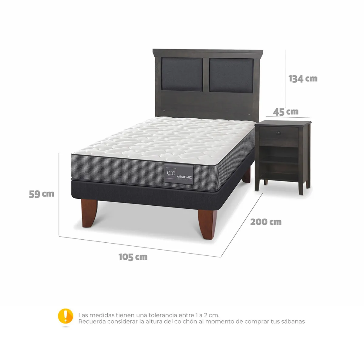 JUEGO DE DORMITORIO CIC CAMA EUROPEA TORINO ANATOMIC 1.5 PLAZAS + SET GRIS - 3