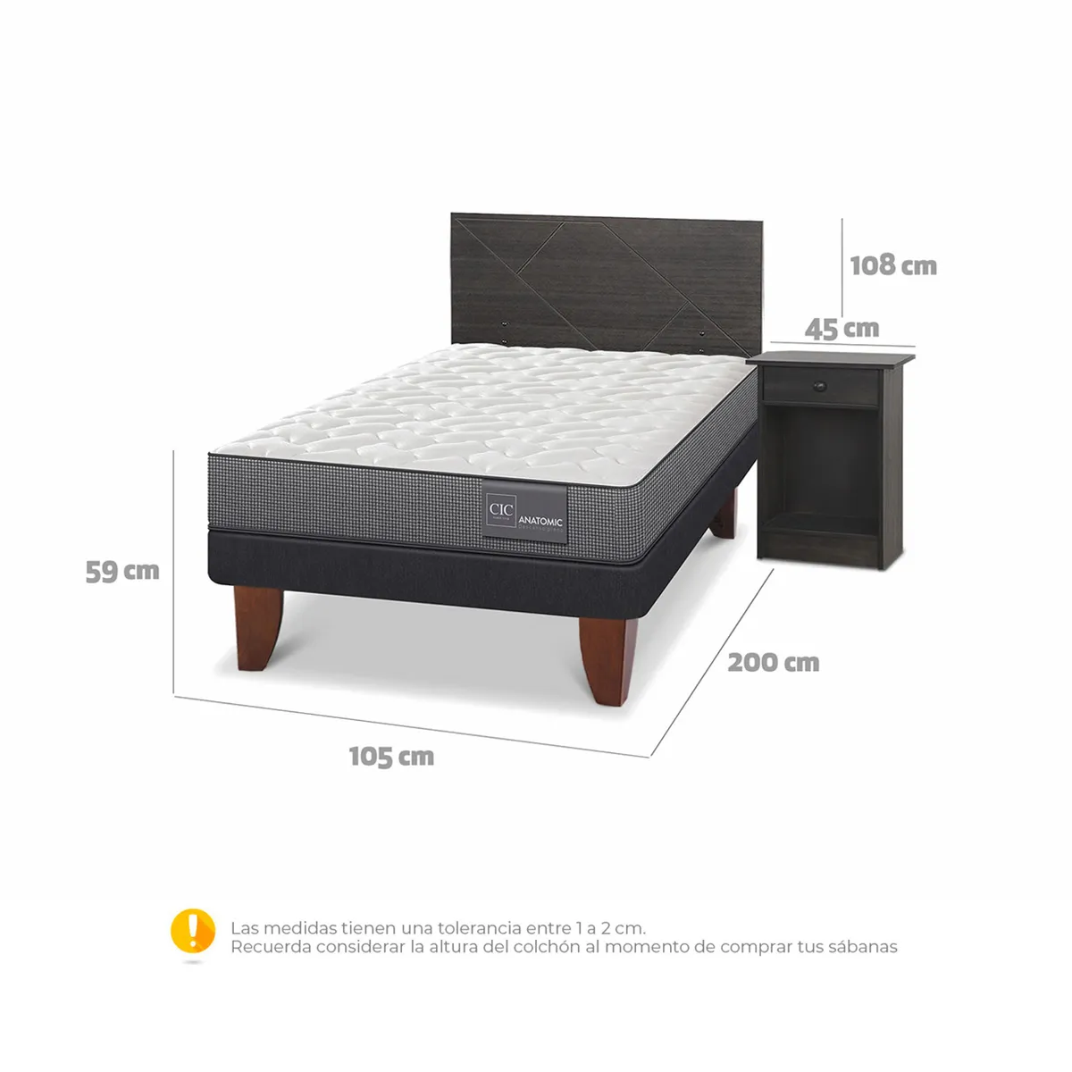 JUEGO DE DORMITORIO CIC CAMA EUROPEA VILLARRICA ANATOMIC 1.5 PLAZAS + SET GRIS - 3
