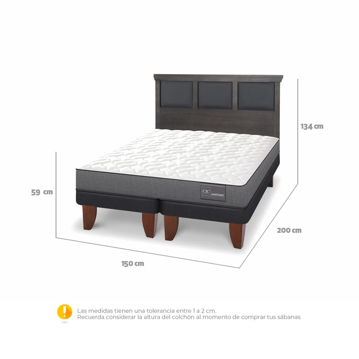 JUEGO DE DORMITORIO CIC CAMA EUROPEA TORINO ANATOMIC BD 2 PLAZAS + RESPALDO GRIS - 3