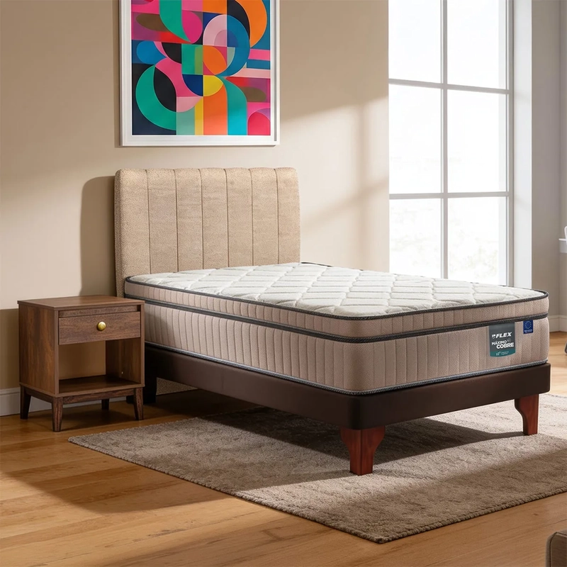 JUEGO DE DORMITORIO FLEX CAMA EUROPEA MÁXIMO COBRE 1.5 PLAZAS + RESPALDO TUBULAR BEIGE + VELADOR ATENAS