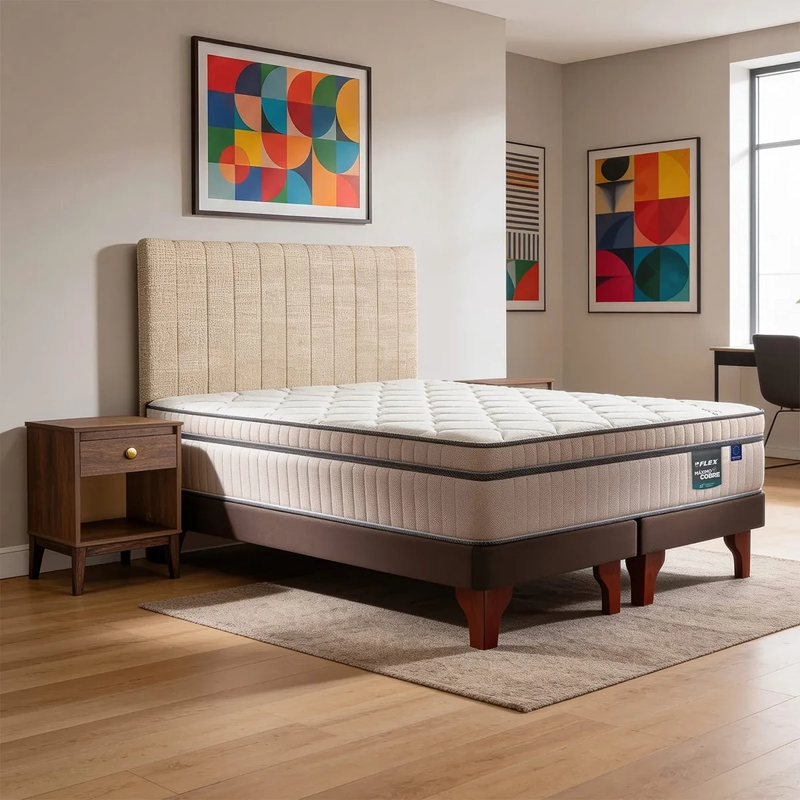 JUEGO DE DORMITORIO FLEX CAMA EUROPEA MÁXIMO COBRE KING + RESPALDO TUBULAR BEIGE + VELADOR ATENAS - 1