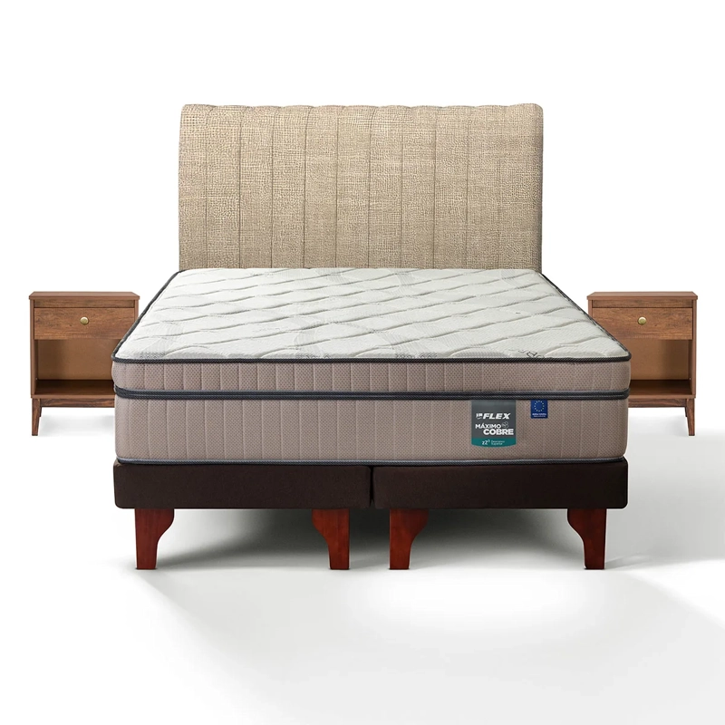 JUEGO DE DORMITORIO FLEX CAMA EUROPEA MÁXIMO COBRE 2 PLAZAS + RESPALDO TUBULAR BEIGE + VELADOR ATENAS - 2