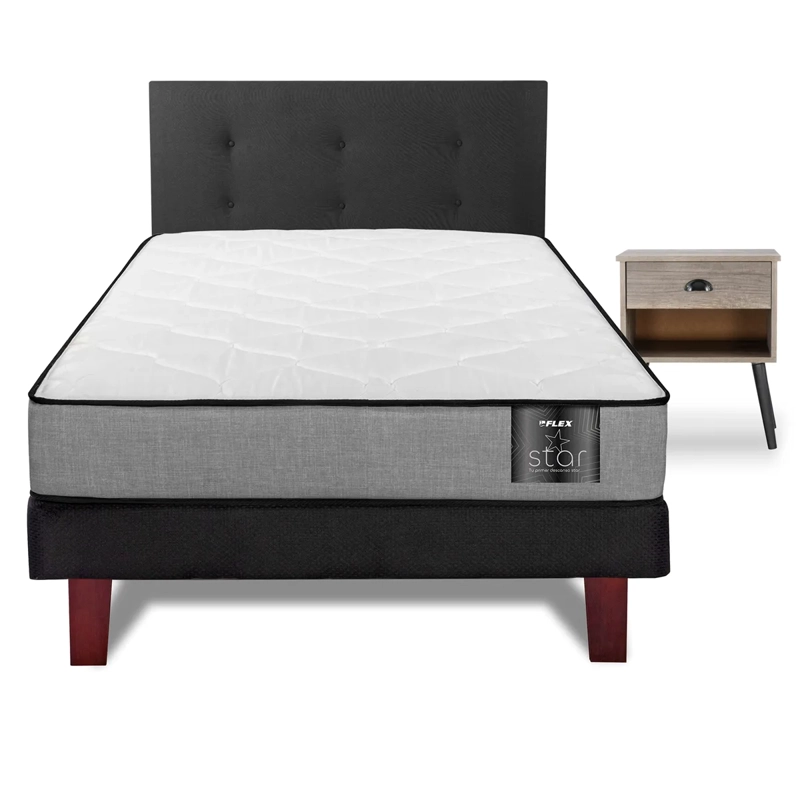 JUEGO DE DORMITORIO FLEX CAMA EUROPEA STAR 1.5 PLAZAS + RESPALDO ROYAL NEGRO + VELADOR ROCK - 1