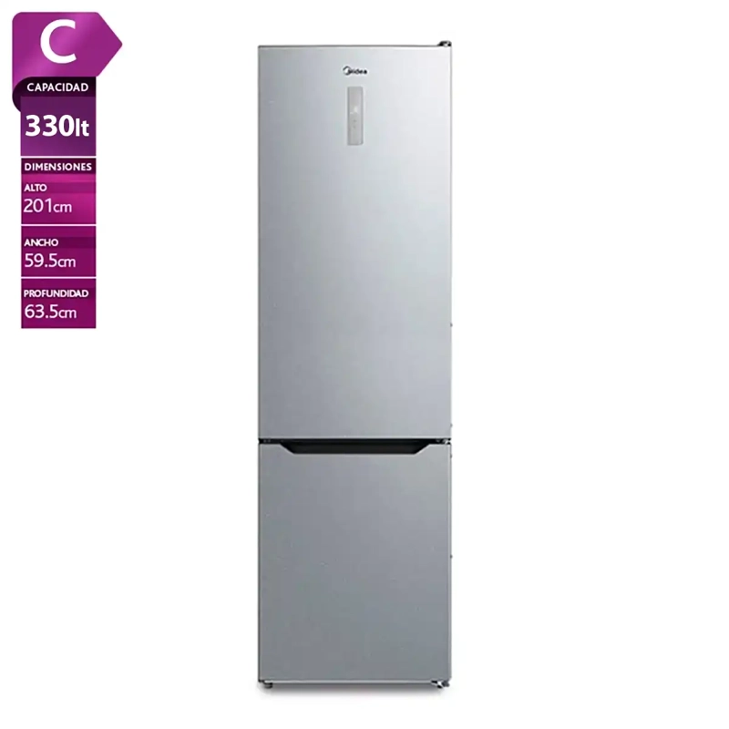 REFRIGERADOR BOTTOM FREEZER MIDEA MDRB489MTE50 330L NO FROST PLATA