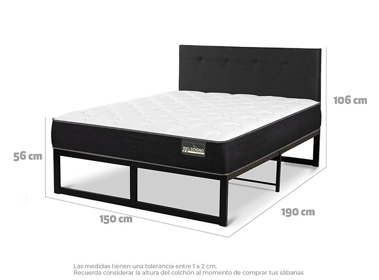 JUEGO DE DORMITORIO BELSOGNO CAMA EUROPEA IRON SMART PLUS 2 PLAZAS NEGRO + RESPALDO BLACK - 3