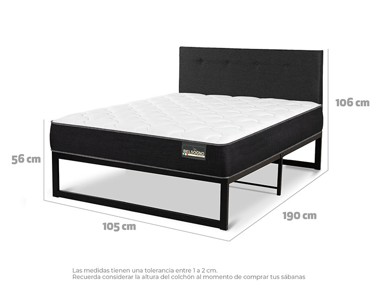 JUEGO DE DORMITORIO BELSOGNO CAMA EUROPEA IRON SMART PLUS 1.5 PLAZAS NEGRO + RESPALDO BLACK - 3