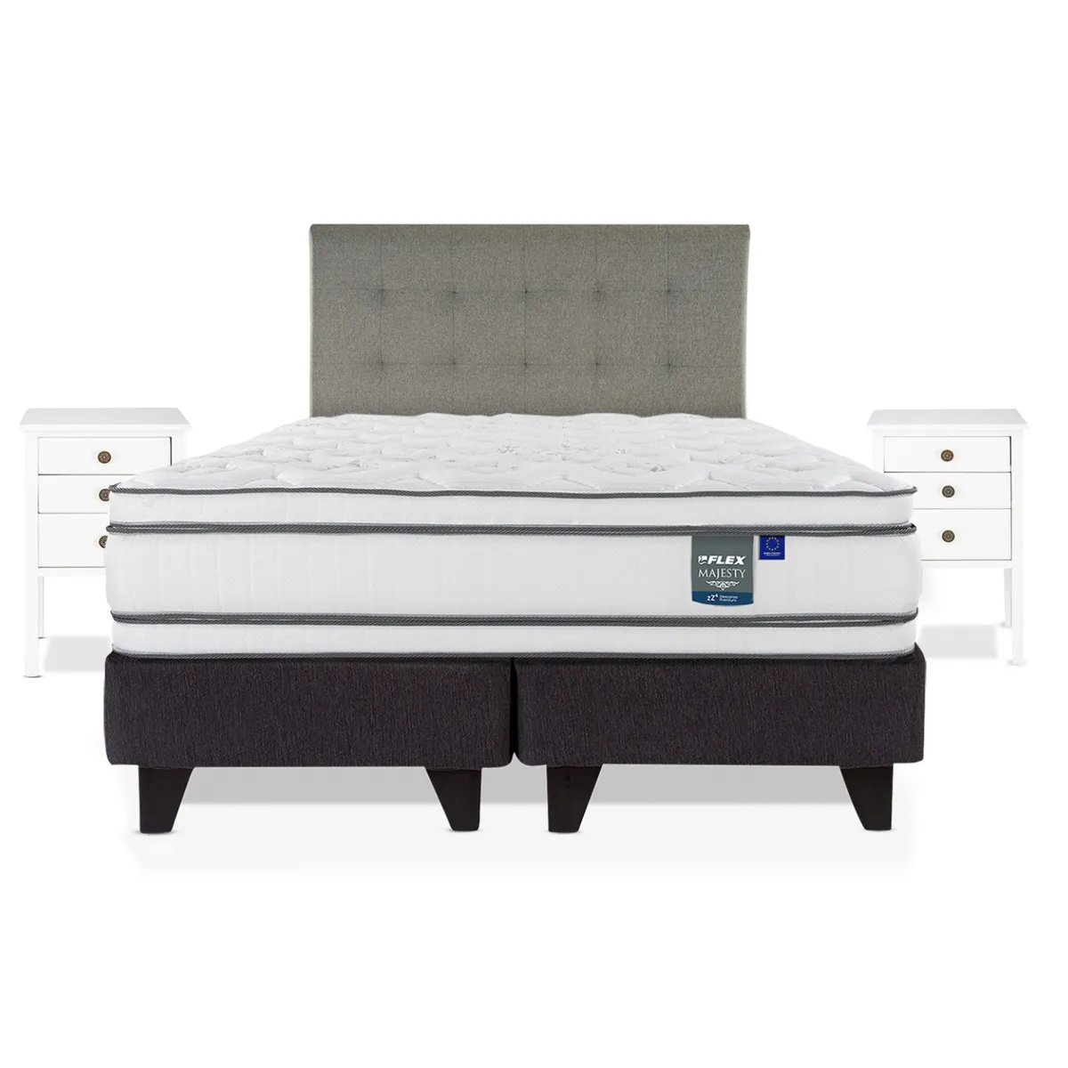 JUEGO DE DORMITORIO FLEX CAMA EUROPEA MAJESTY BD 2 PLAZAS + RESPALDO DESIGN GRIS + VELADORES ROMA - 1