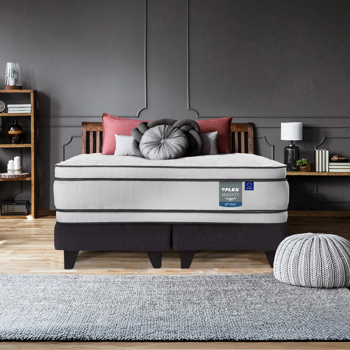 JUEGO DE DORMITORIO FLEX CAMA EUROPEA MAJESTY BD 2 PLAZAS + RESPALDO DESIGN GRIS + VELADORES ROMA - 7
