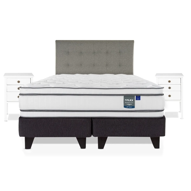 JUEGO DE DORMITORIO FLEX CAMA EUROPEA MAJESTY KING + RESPALDO DESIGN GRIS + VELADORES ROMA - 1