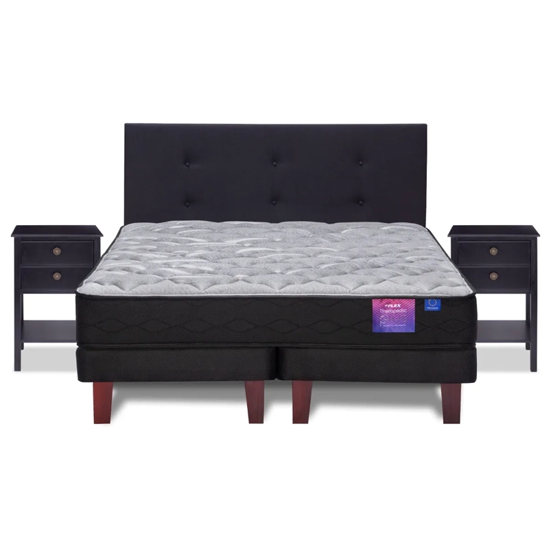 JUEGO DE DORMITORIO FLEX CAMA EUROPEA THERAPEDIC PLUS KING NEGRO + RESPALDO ROYAL + VELADORES ROVER - 2
